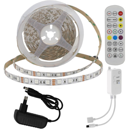 LED juostos rinkinys, 12V, AC adapteris, Bluetooth, nuotolinis valdymas, RGB spalvos