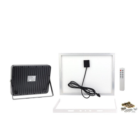 LED prožektorius, juodas, su saulės baterija, 25W, 3200Lm, šalta balta šviesa