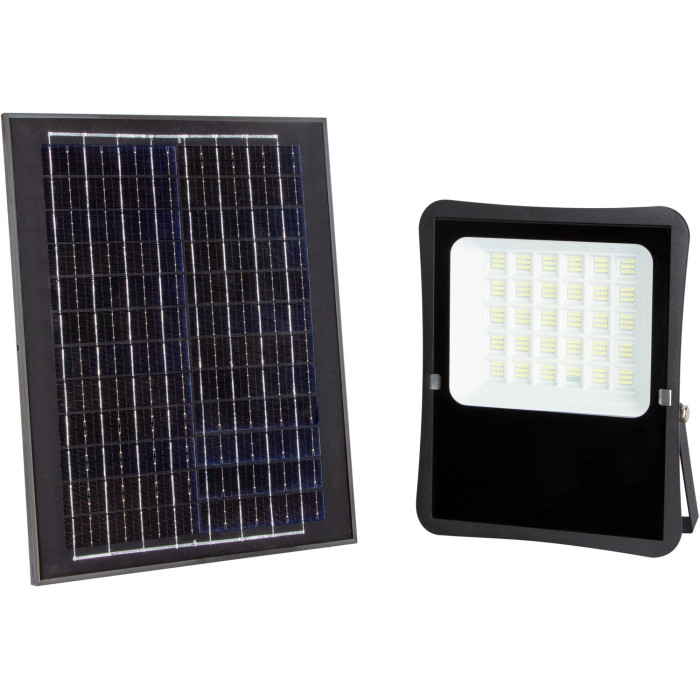 LED prožektorius, juodas, su saulės baterija, 25W, 2200Lm, šalta balta šviesa