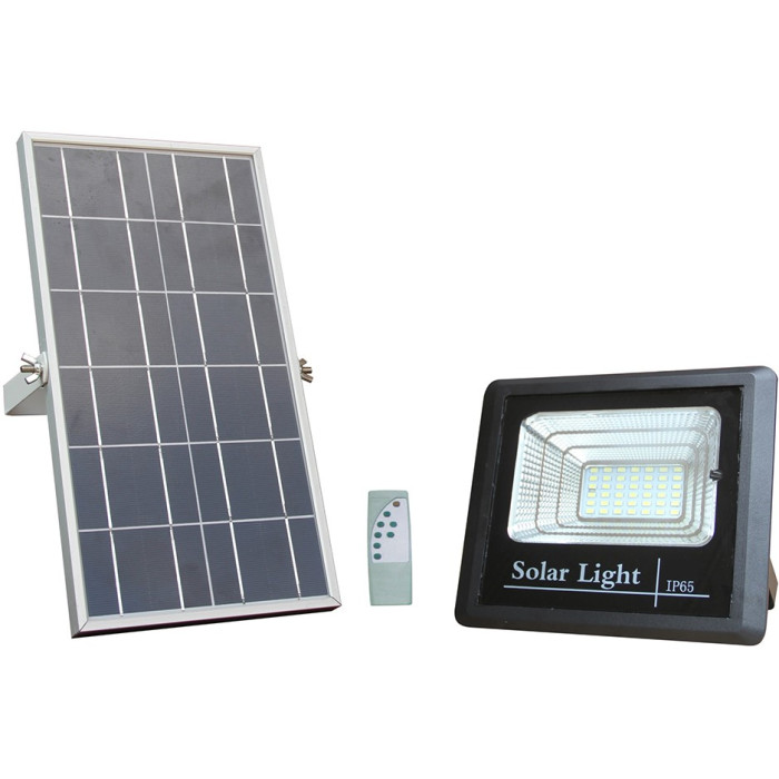 LED prožektorius, juodas, su saulės baterija, 12W, šalta balta šviesa