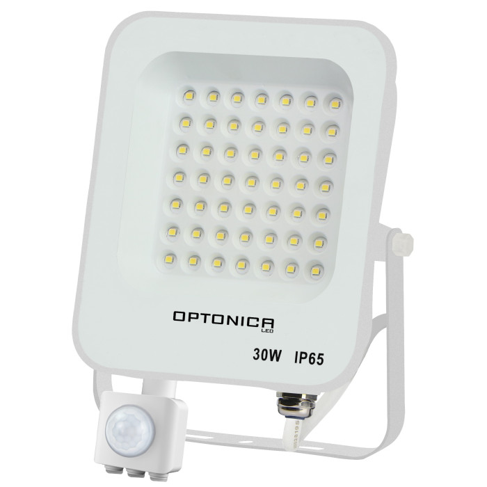 LED prožektorius, baltas, PIR jutiklis, 30W, šilta balta šviesa