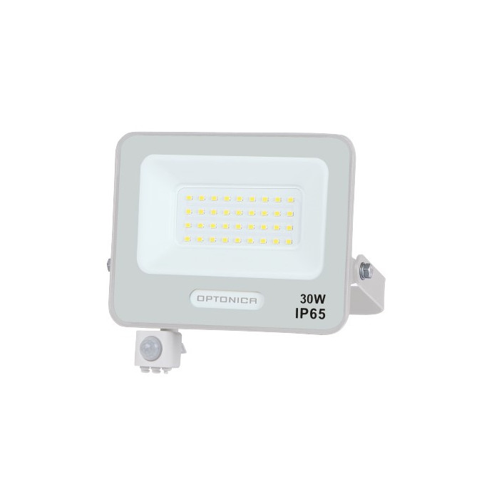 LED prožektorius, baltas, PIR jutiklis, 30W, 120°, neutrali balta šviesa