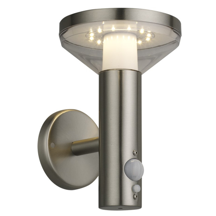 LED saulės sieninis Up šviestuvas, PIR jutiklis, poliruotas metalas, 2W, šilta balta šviesa