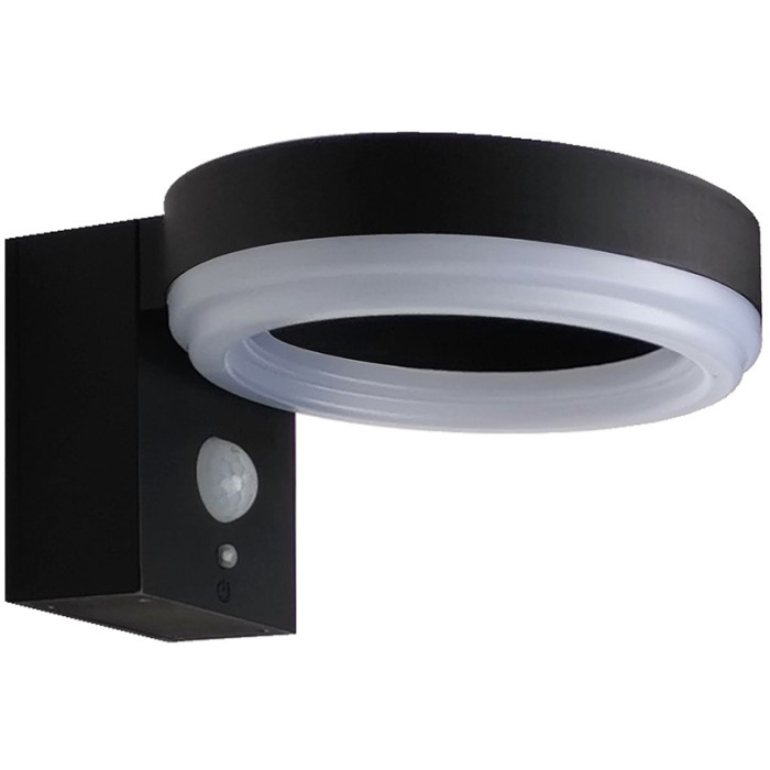 LED saulės sieninis šviestuvas, juodas, apvalus, PIR jutiklis, 6W, šalta balta šviesa