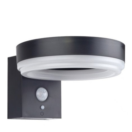 LED saulės sieninis šviestuvas, juodas, apvalus, PIR jutiklis, 6W, šalta balta šviesa