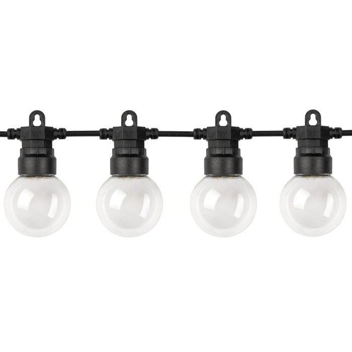 LED lauko saulės girlianda, 10m, 20 lizdų, G50, skaidrios lemputės, šilta balta šviesa