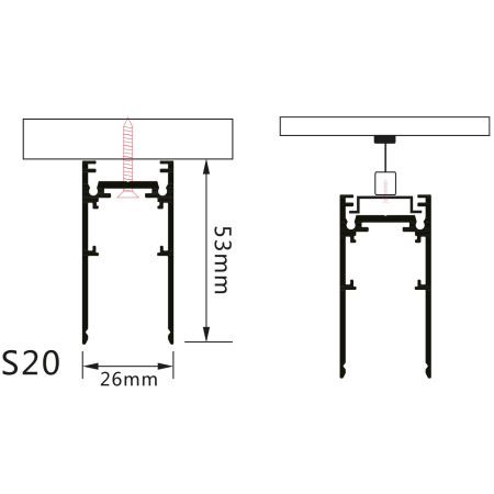 LED magnetinė sistema S20, plotis 2.5cm, kabanti/paviršinė, juoda, ilgis 1.5m
