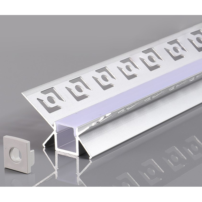 Profilis LED juostai, priglaistomas, pilkas, baltas dangtelis, vidiniam kampui, 48x28mm