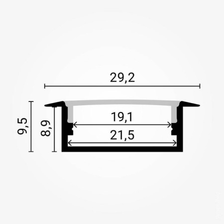 Profilis LED juostai, įleidžiamas, pilkas, baltas dangtelis, 23.5x10x21.5mm