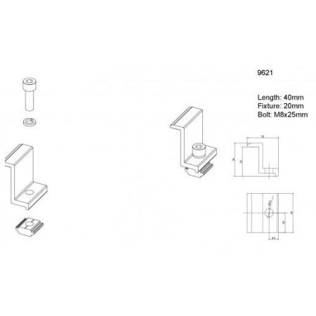 Galinis prispaudėjas su M8x25mm varžtu, veržle ir poveržle 30mm storio panelei