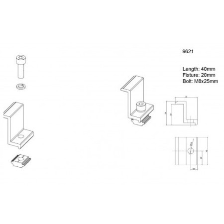 Galinis prispaudėjas su M8x25mm varžtu, veržle ir poveržle 30mm storio panelei