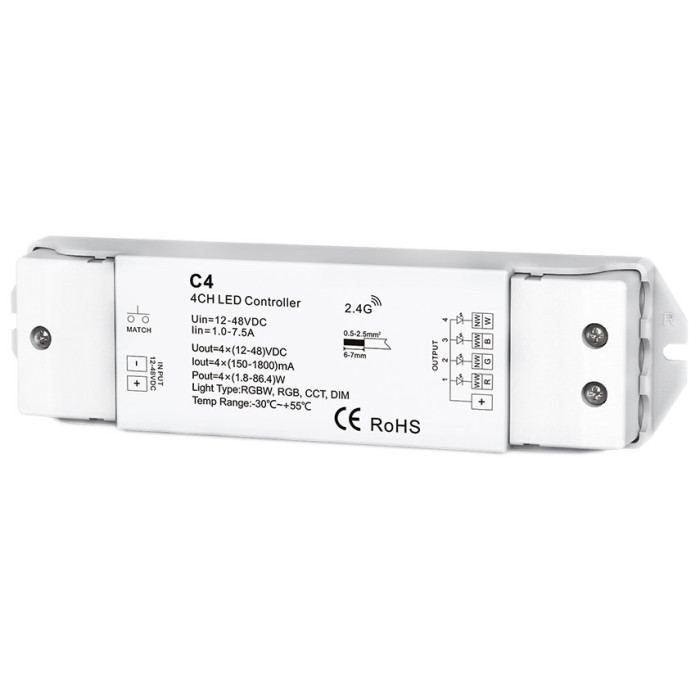 LED pastovios srovės maitinimo valdiklis, 12-48V, 0.15-1.8A/kan., 4 kanalai, nuotolinis valdymas