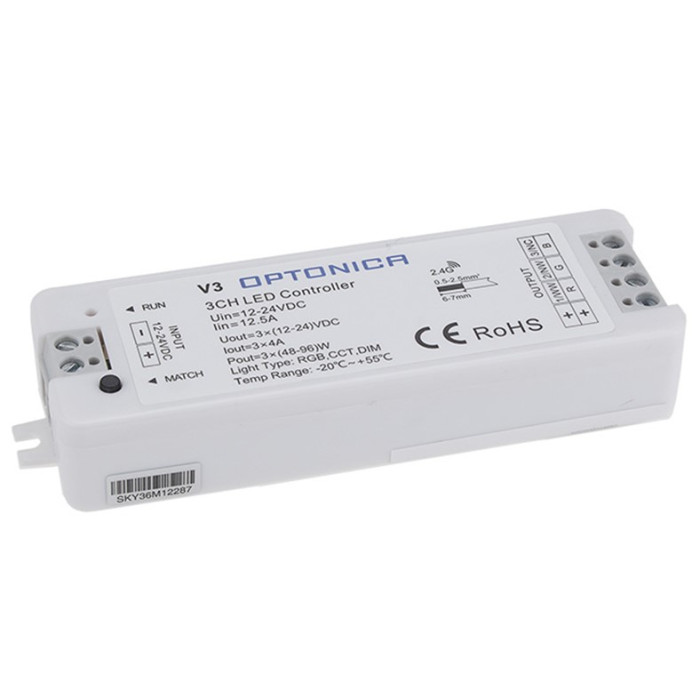 LED RGB pastovios įtampos maitinimo valdiklis, 12-24V, 4A/kan., 3 kanalai, 5 metai garantija