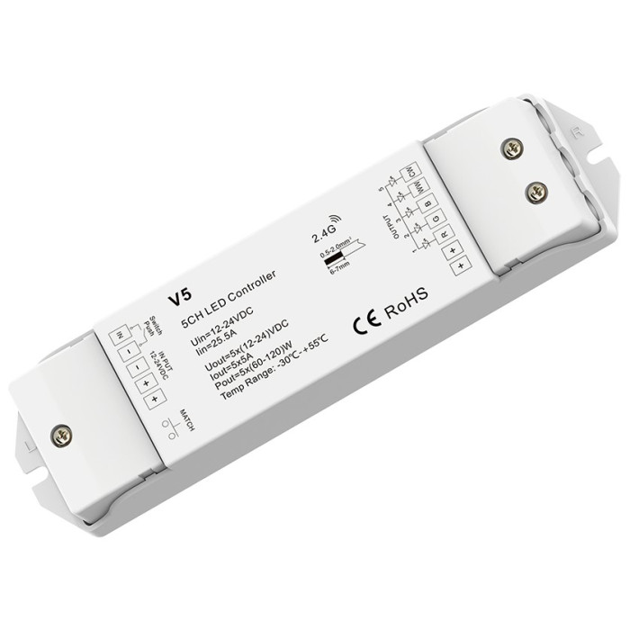 LED pastovios įtampos maitinimo valdiklis, 12-24V, 5A/kan., 5 kanalai, nuotolinis valdymas