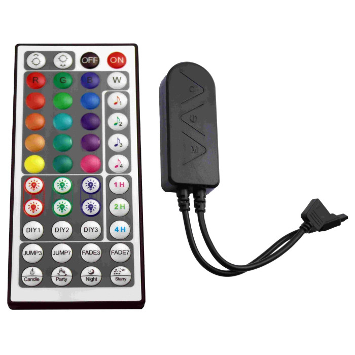 LED RGB Music maitinimo valdiklis, 12-24V, 3 kanalai, su IR pulteliu, 44 mygtukų, Tuya