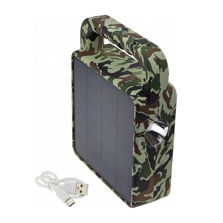 Nešiojamas prožektorius + garsiakalbis, 3.5W, pakraunamas saulėje, Bluetooth, kamufliažinis, CCT spalvos