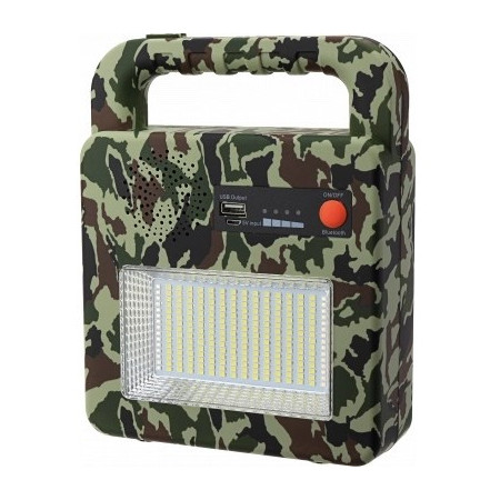 Nešiojamas prožektorius + garsiakalbis, 3.5W, pakraunamas saulėje, Bluetooth, kamufliažinis, CCT spalvos