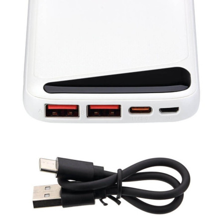 Power bank, 10Ah, 3.7V, Micro/Type-C jungtys, Max išėjimo galia 22.5W, baltas