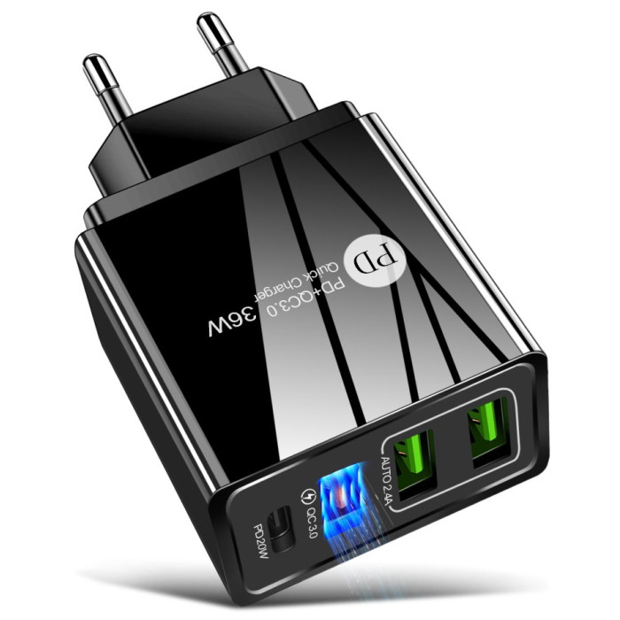 Greitas įkroviklis, 3xUSB, juodas