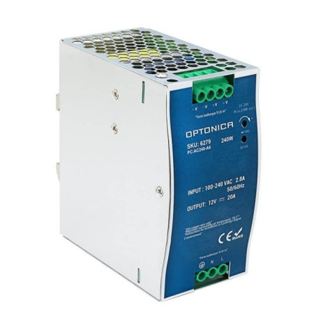 LED maitinimo šaltinis, 240W, 12V, 20A, DIN bėgeliui