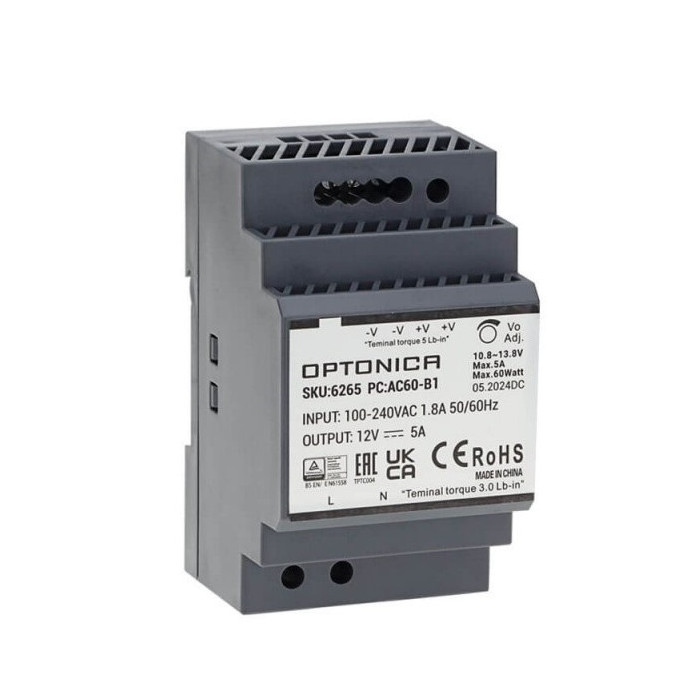 LED maitinimo šaltinis, 60W, 12V, 5A, labai plonas, DIN bėgeliui