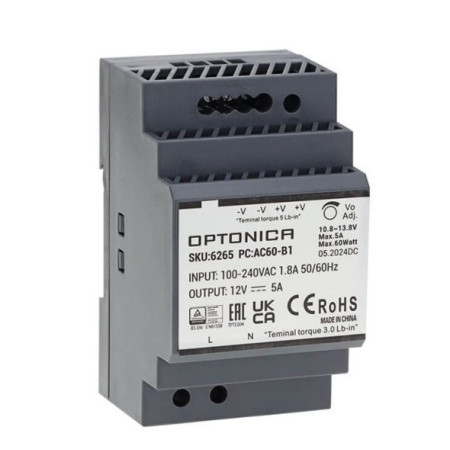 LED maitinimo šaltinis, 60W, 12V, 5A, labai plonas, DIN bėgeliui