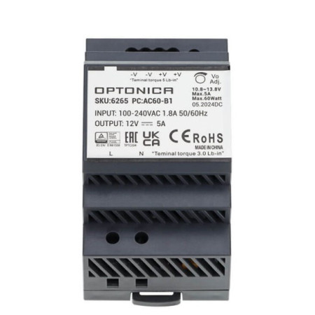 LED maitinimo šaltinis, 60W, 12V, 5A, labai plonas, DIN bėgeliui