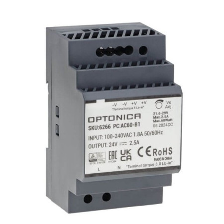 LED maitinimo šaltinis, 60W, 24V, 2.5A, labai plonas, DIN bėgeliui