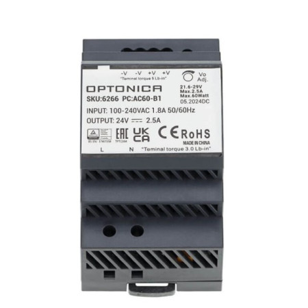 LED maitinimo šaltinis, 60W, 24V, 2.5A, labai plonas, DIN bėgeliui