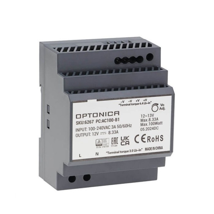 LED maitinimo šaltinis, 100W, 12V, 8.33A, labai plonas, DIN bėgeliui