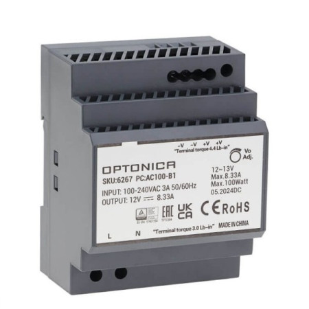 LED maitinimo šaltinis, 100W, 12V, 8.33A, labai plonas, DIN bėgeliui