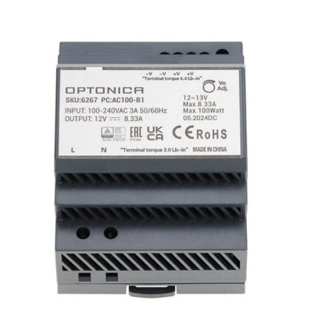 LED maitinimo šaltinis, 100W, 12V, 8.33A, labai plonas, DIN bėgeliui