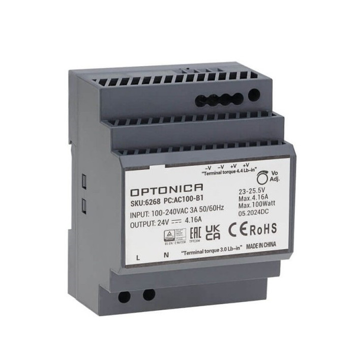 LED maitinimo šaltinis, 100W, 24V, 4.16A, labai plonas, DIN bėgeliui