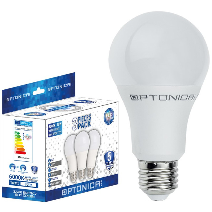 LED lemputė E27 A60 12W, 5 metai garantija, 3vnt./pak., šalta balta šviesa